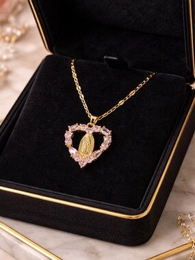 18K Gold Virgin Mary Heart Necklace Pink Crystal Pendant Dainty Chain